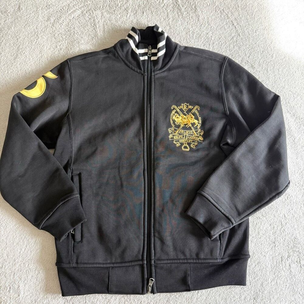 Vintage Polo by Ralph Lauren Men’s Black and Gold Cotton Zip Varsity Sweatshirt